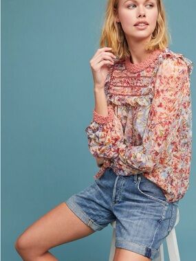 Anthropologie Ranna Gill Pink Floral Belle Ruffled Blouse